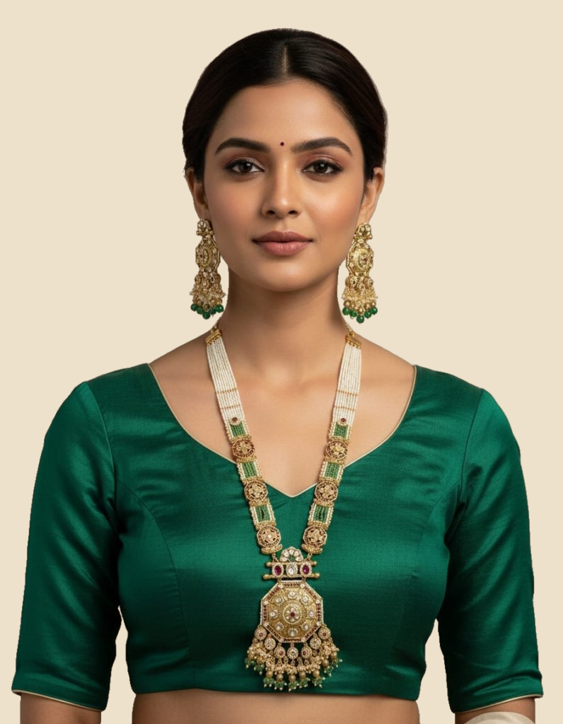Long Pearl-Strand Temple Jhumka Necklace Set