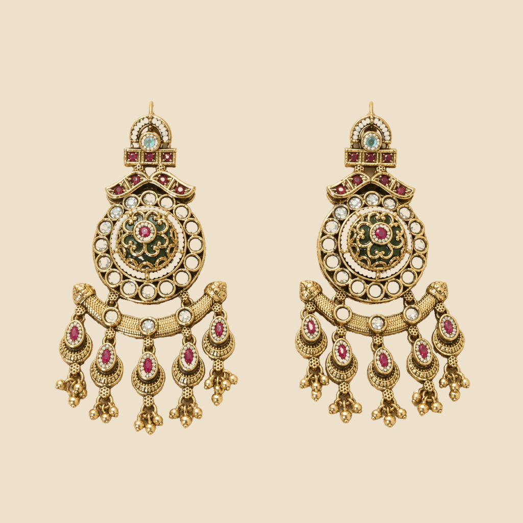 Antique Gold Ruby Green Medallion Drop Earrings