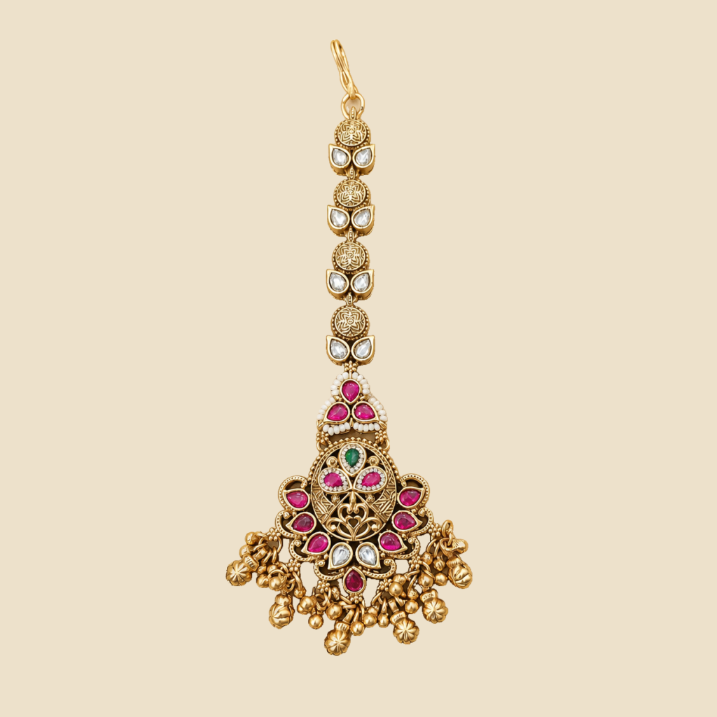 Antique Gold Ruby Floral Chandbali Maang Tikka