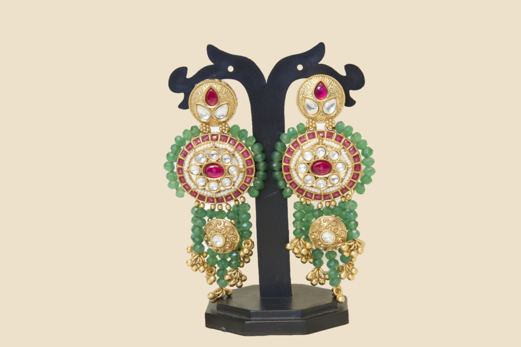 Traditional Gold-Toned Kundan & Green Beaded Long Earrings for Women