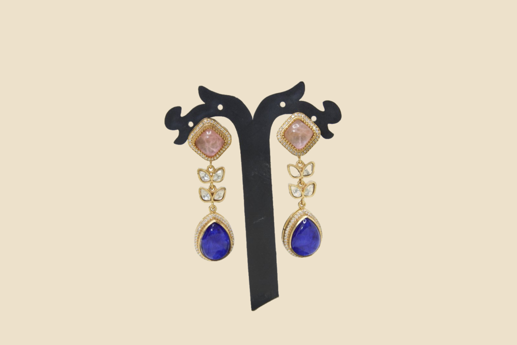 Elegant Pink and Blue Stone Drop Earrings with Gold-Tone Accents