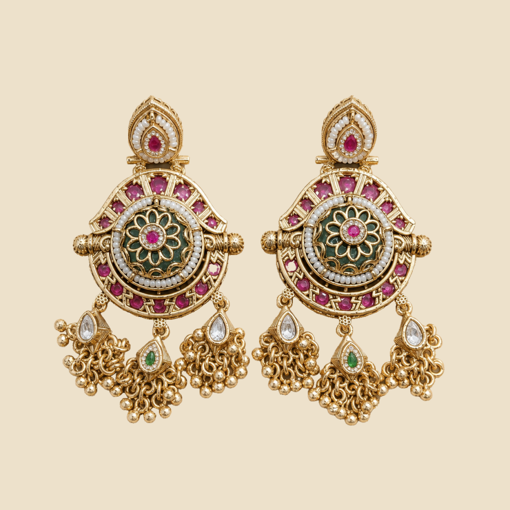 Antique Gold Ruby Green Medallion Earrings