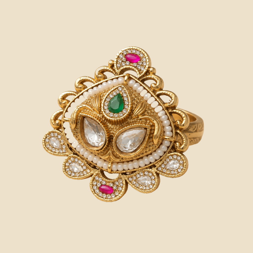 Antique Gold Green Kundan Teardrop Statement Ring