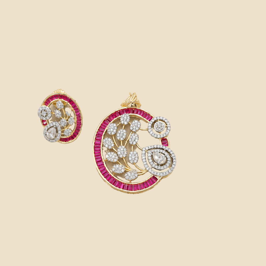 Ruby Crystal Floral Pendant and Earring Set