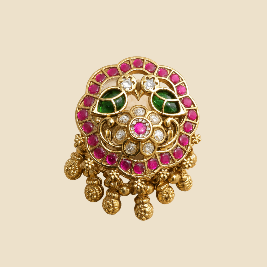 Antique Gold Ruby Green Floral Statement Ring