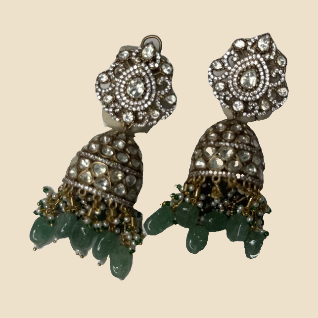 Elegant Silver-Tone Jhumka Earrings with Green Beads