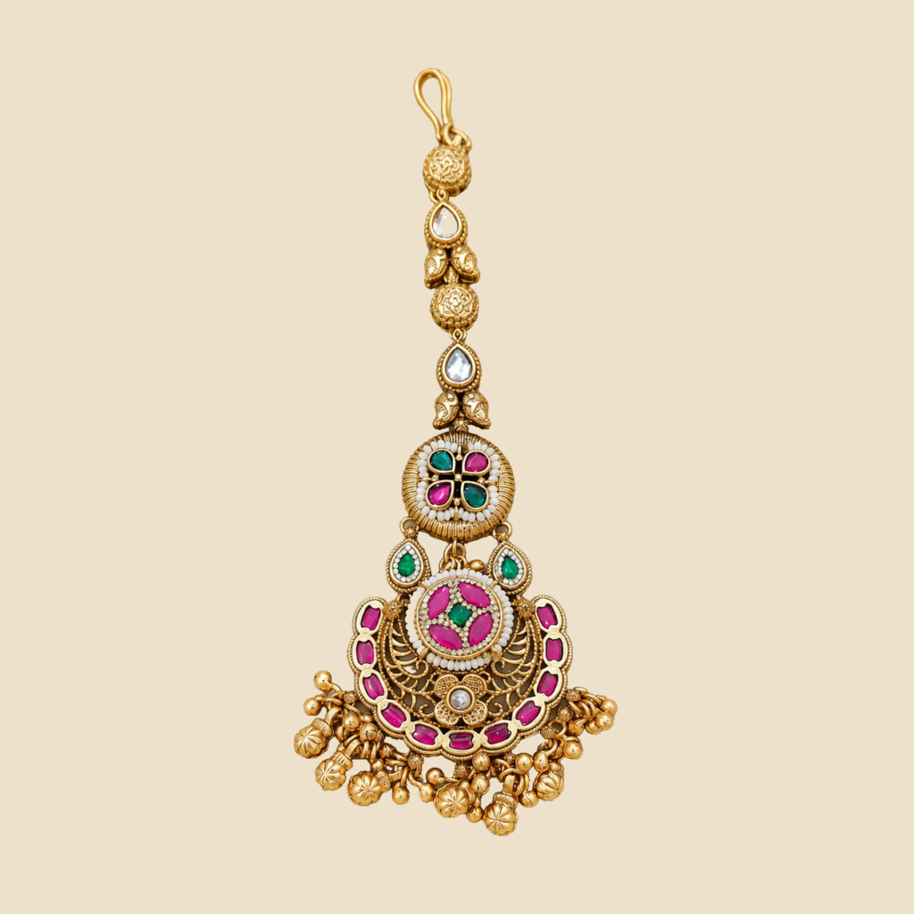 Antique Gold Ruby Green Chandbali Maang Tikka