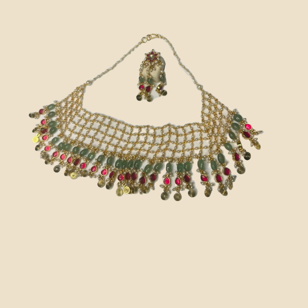 Traditional Gold-Tone Kundan Choker Necklace Set with Green and Red Stones