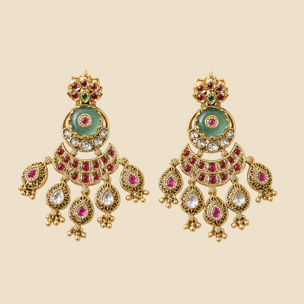 Antique Gold Mint Green Ruby Crescent Drop Earrings