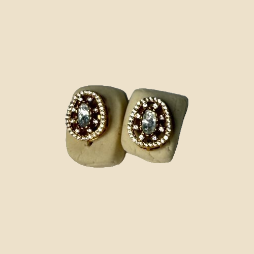 Elegant Oval Stone Stud Earrings with Maroon Crystal Border