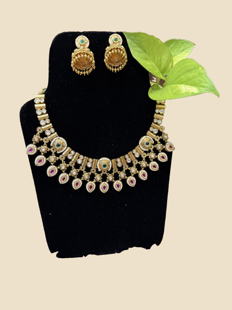 Traditional Gold-Toned Kundan Necklace Set with Earrings