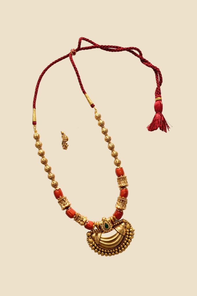 Traditional Gold-Toned Necklace Set with Red Thread and Matching Earrings