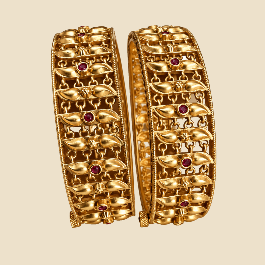 Traditional Gold-Plated Bangles with Ruby Stone Embellishments (Set of 2)