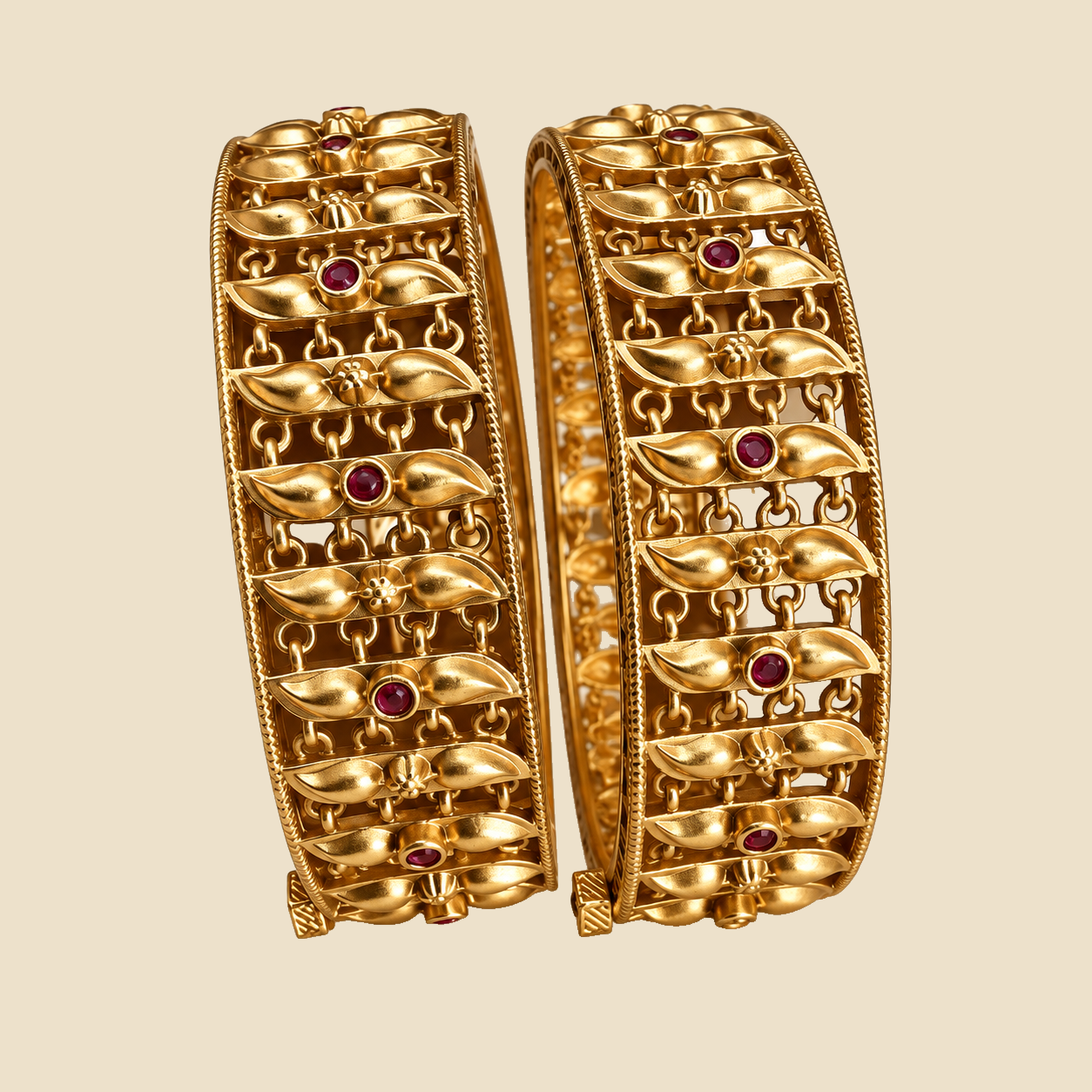 Traditional Gold-Plated Bangles with Ruby Stone Embellishments (Set of 2)