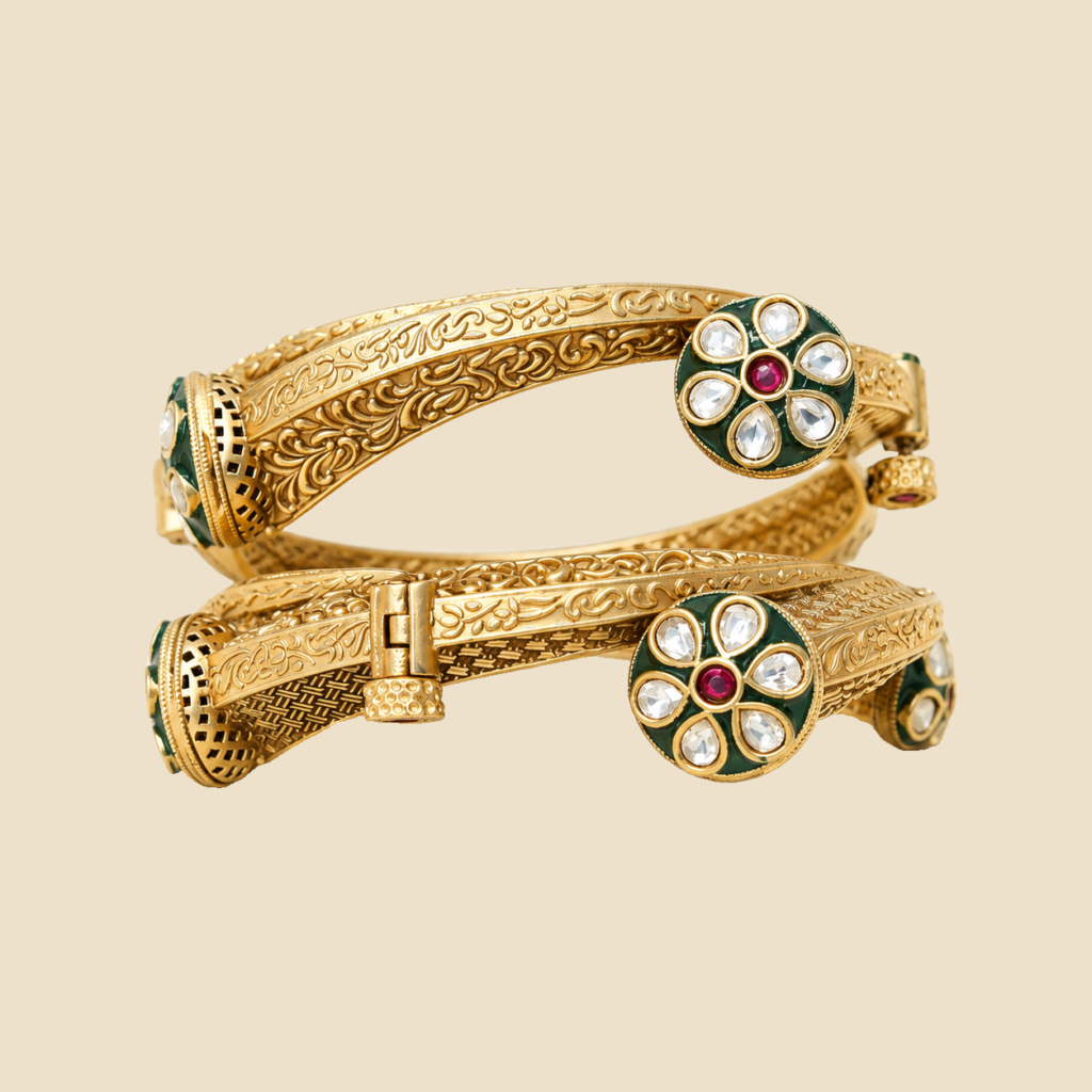 Elegant Gold-Plated Bangles with Kundan Work - Set of 2