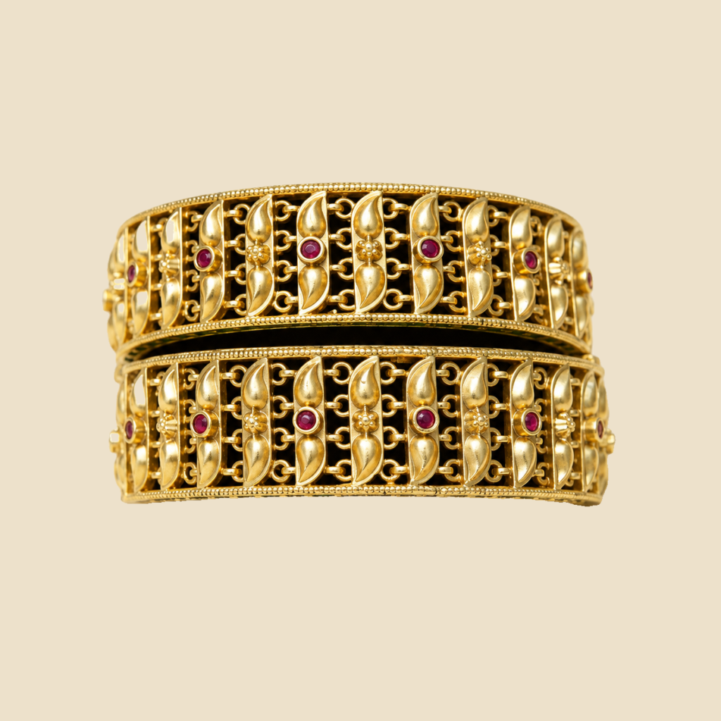 Traditional Gold-Plated Temple Kada Bangles with Red Stone Embellishments (Set of 2)