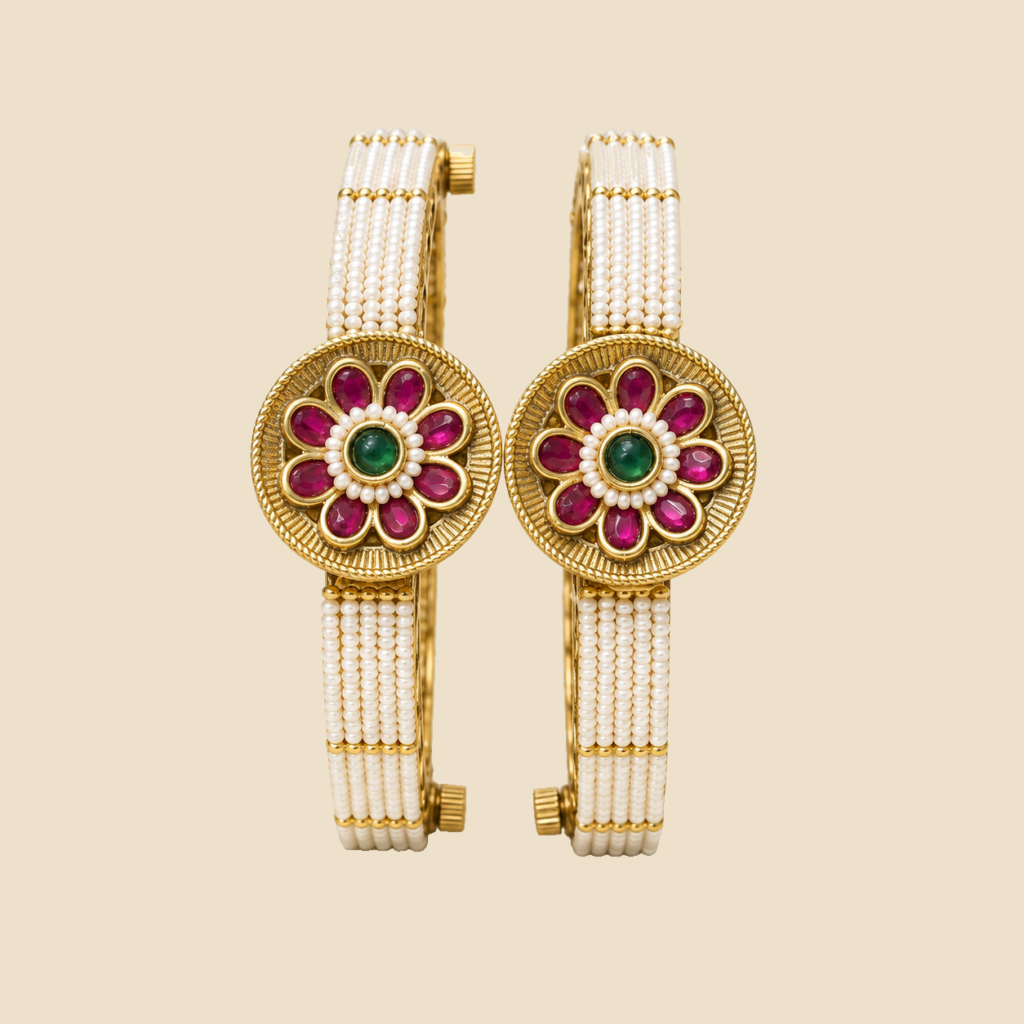 Traditional Gold-Plated Bangles with Floral Ruby and Emerald Design