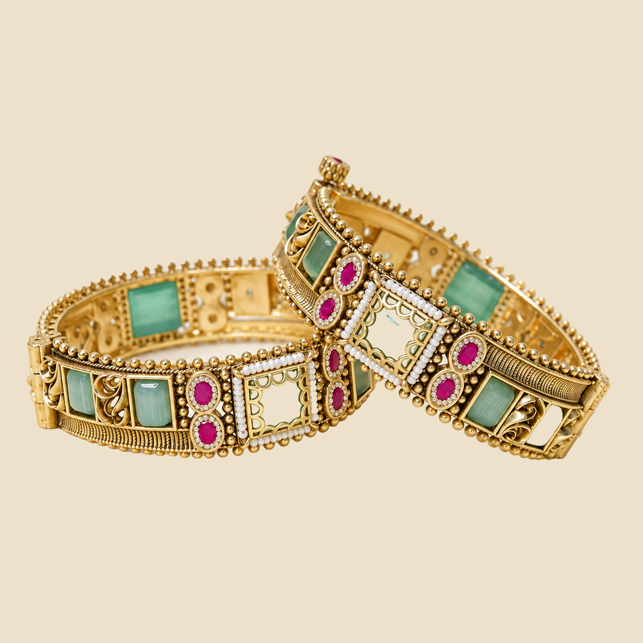 Traditional Kundan Bangles with Green and Pink Stones - Set of 2