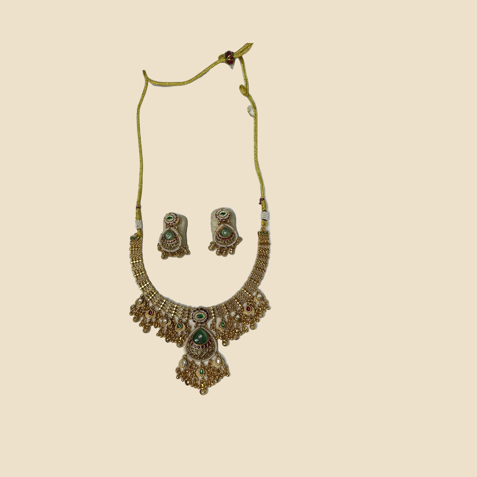 Gold-Plated Green Stone Kundan Necklace Set with Matching Earrings - Image 2
