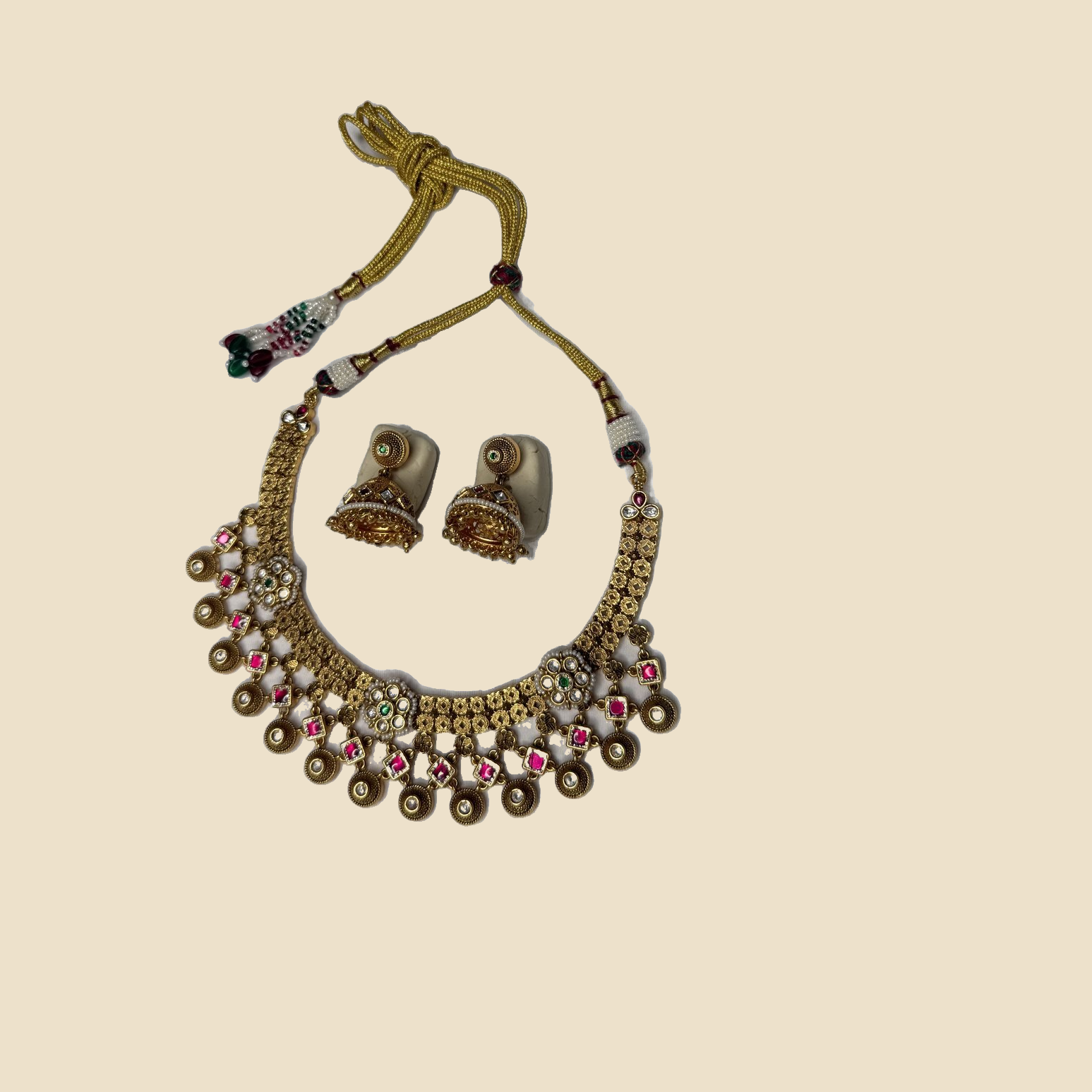 Traditional Gold-Toned Necklace and Jhumka Earrings Set with Pink and Green Accents - Image 2