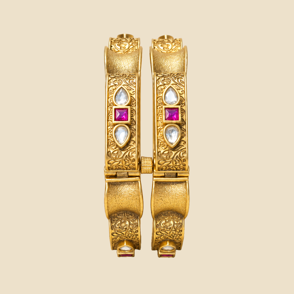 Traditional Gold-Plated Bangle Set with Gemstone Embellishments