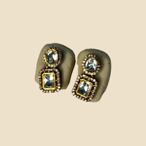Elegant Gold-Plated Rectangular Stud Earrings with Multicolor Stone Embellishments