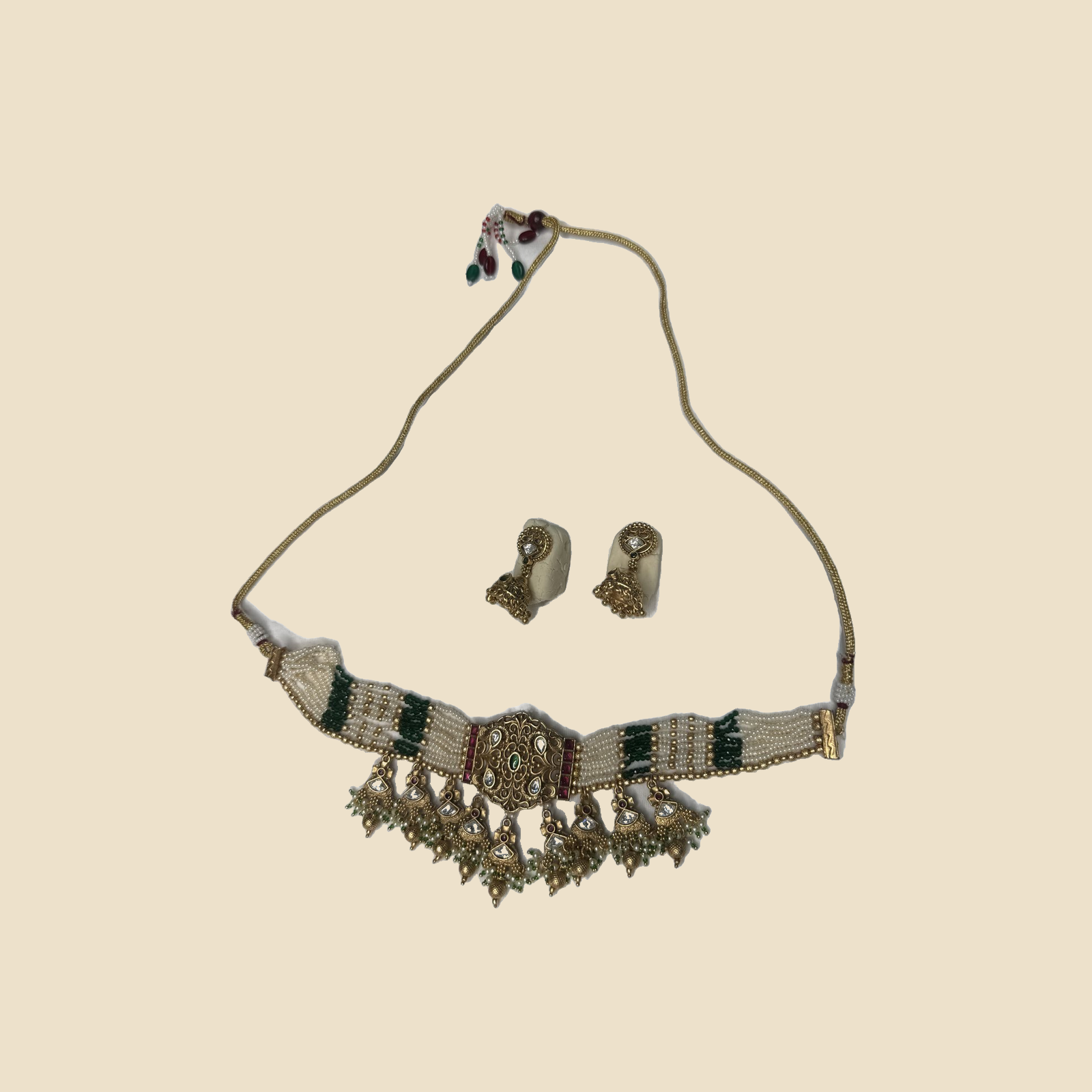 Traditional Pearl and Green Stone Choker Necklace Set with Matching Earrings - Image 2