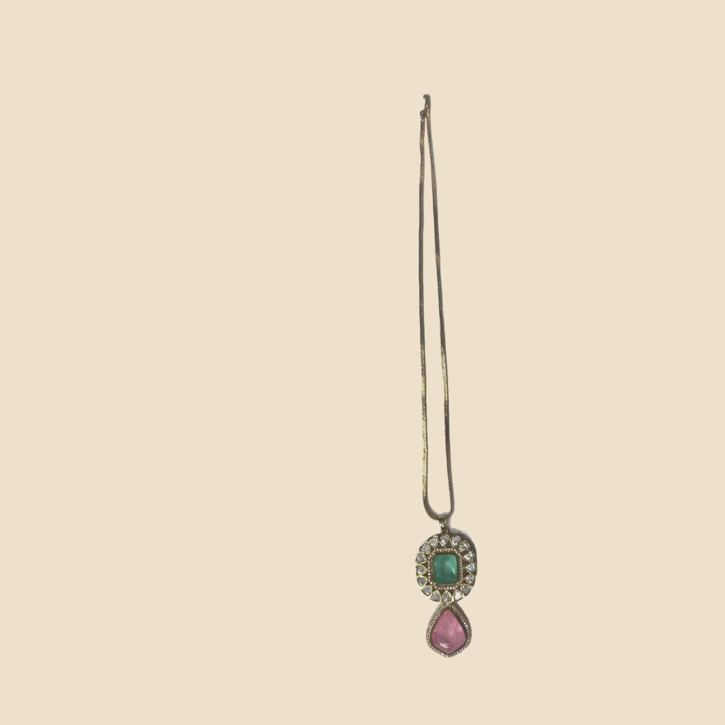 Elegant Green and Pink Stone Necklace Set with Matching Earrings