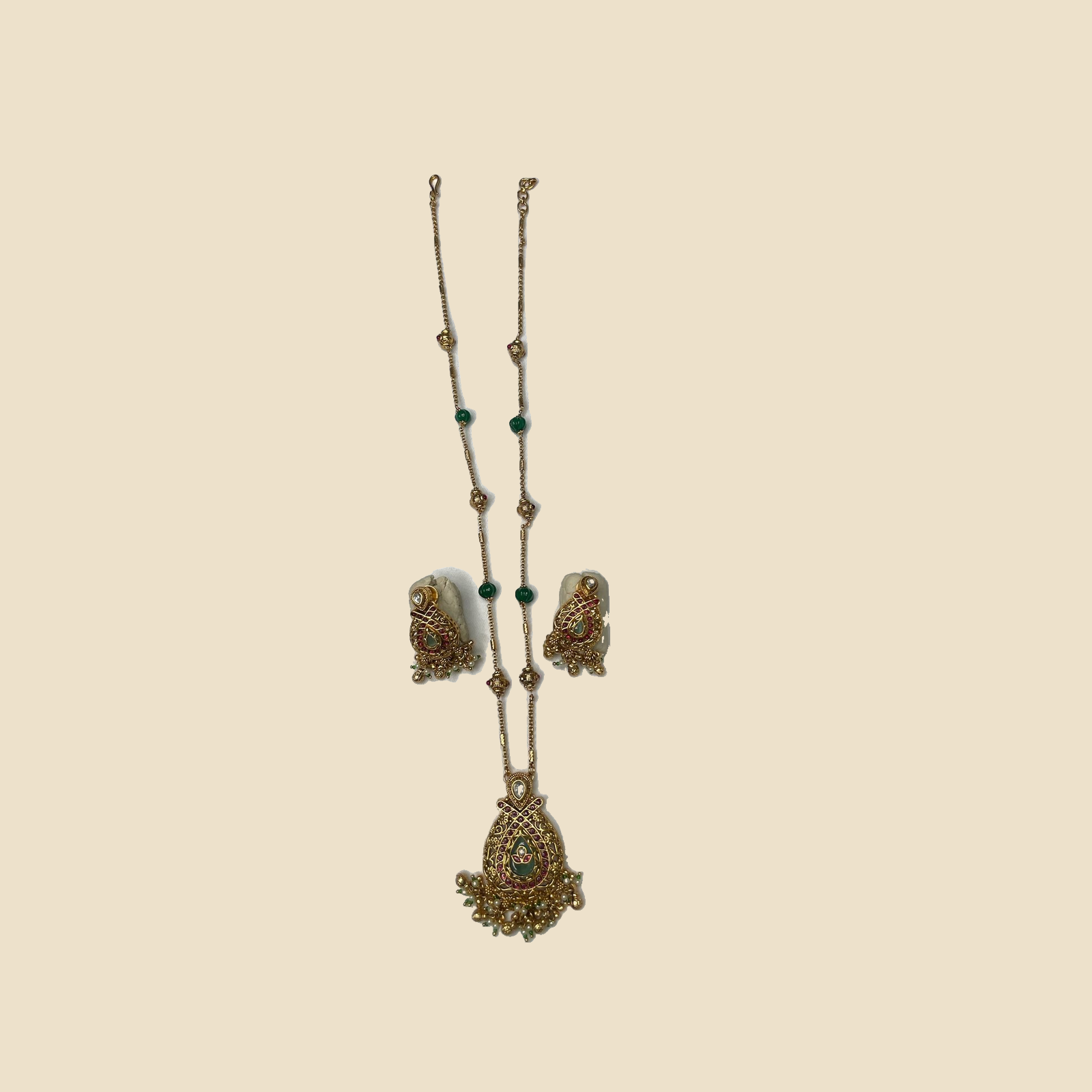 Golden Kundan Necklace Set with Green Beads and Matching Earrings - Image 2