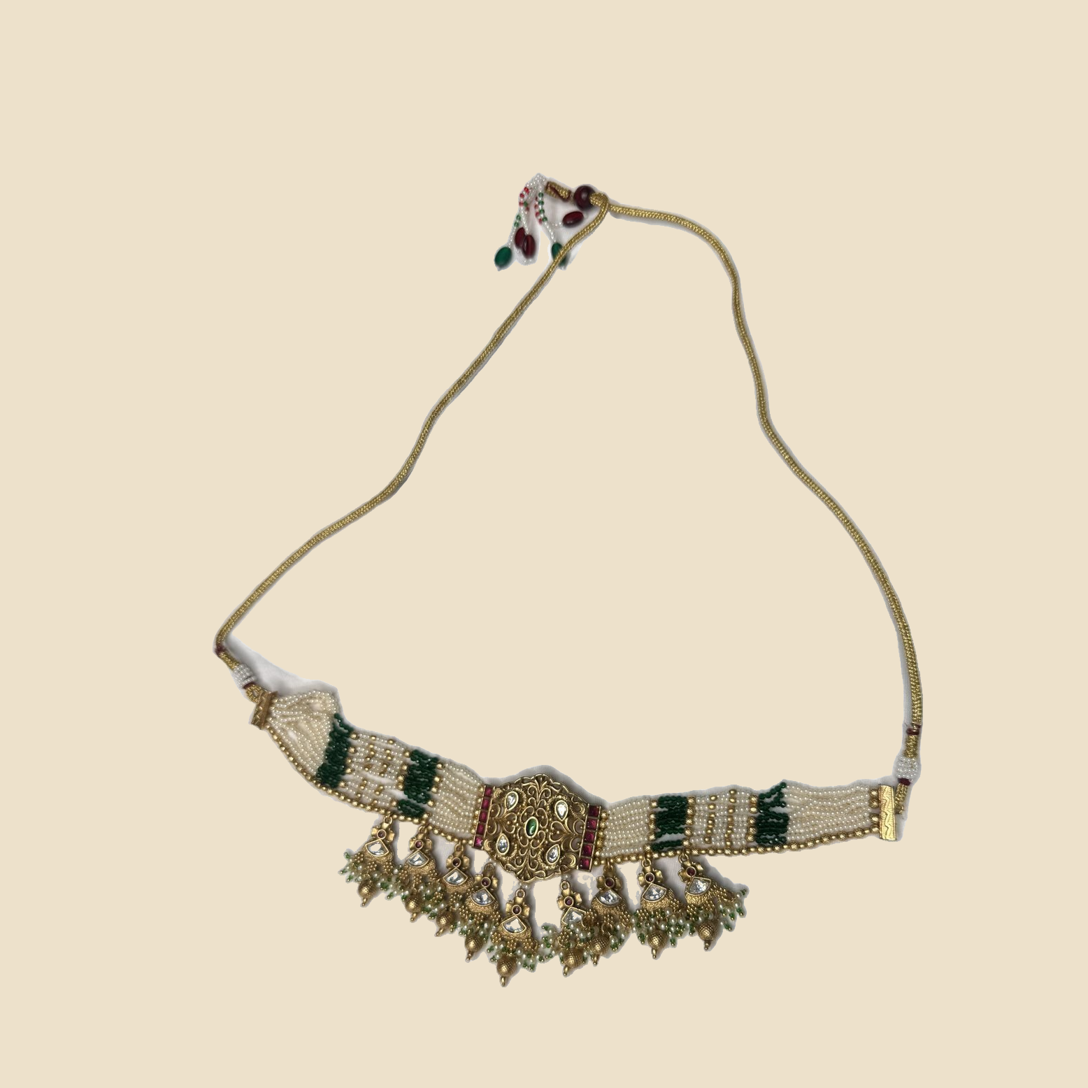 Traditional Pearl and Green Stone Choker Necklace Set with Matching Earrings