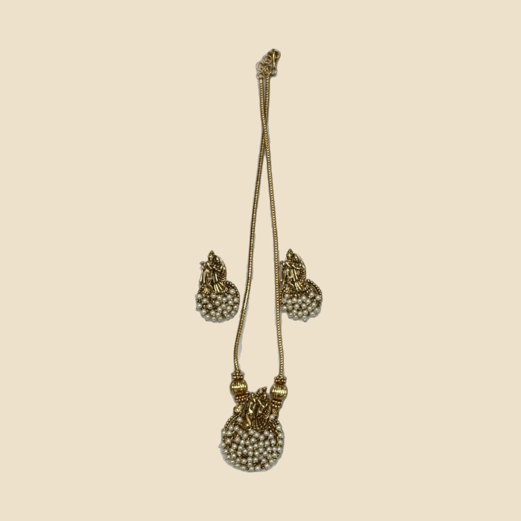 Radha Krishna Golden Pearl Jhumka Earrings with Matching Necklace Set