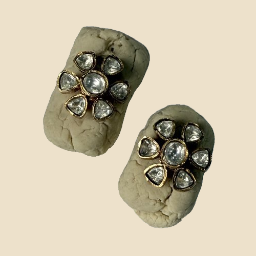 Elegant Floral Crystal Studded Earrings - Cream/Beige