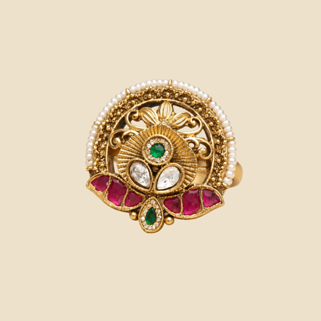 Antique Gold Ruby Green Lotus Statement Ring