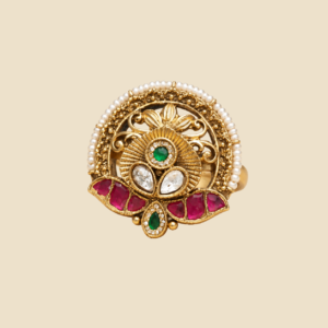 Antique Gold Ruby Green Lotus Statement Ring