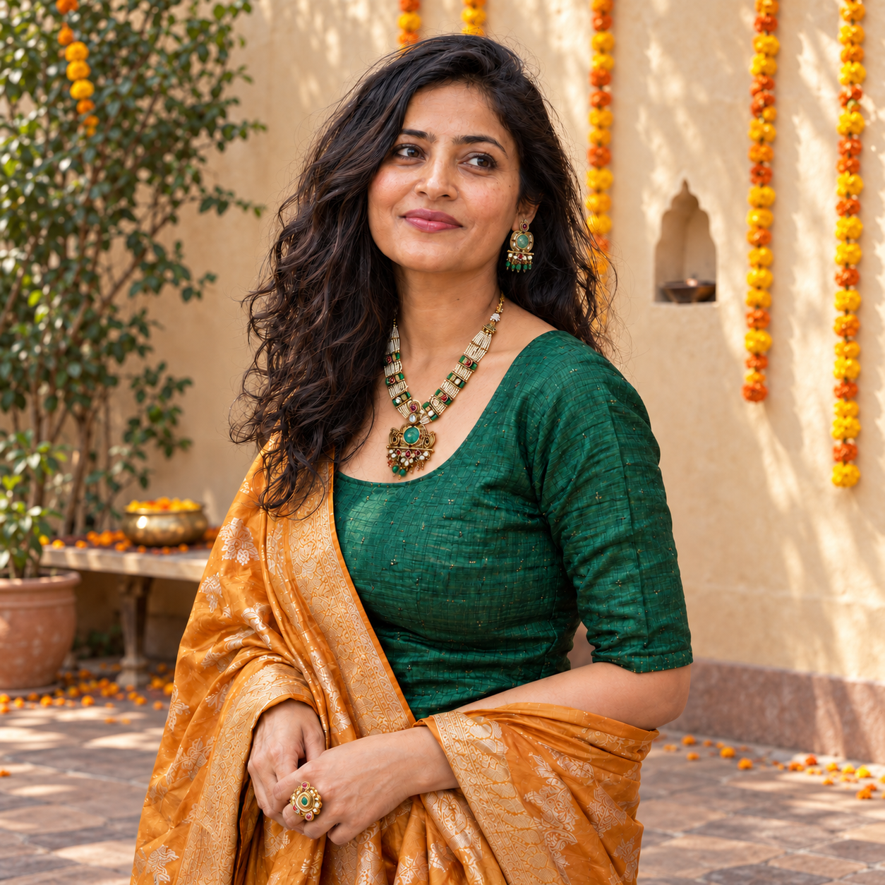 AI-styled model wearing a pearl and Kundan necklace, matching earrings and a statement ring