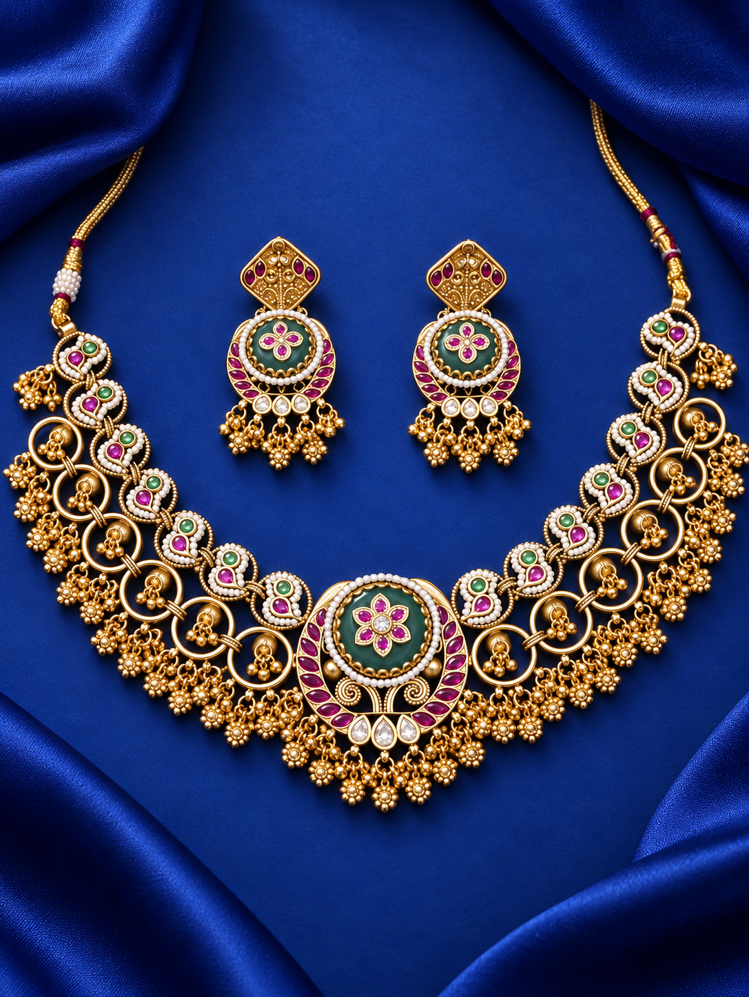 AI-styled multicolour Kundan necklace set on royal blue silk
