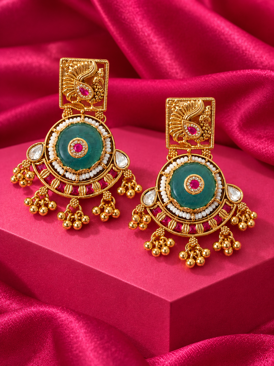 AI-styled campaign featuring teal and ruby peacock earrings on vivid pink silk