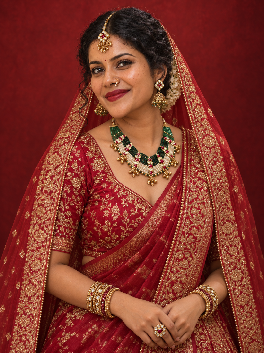 AI-styled bridal model in red with necklace, earrings, maang tikka, nose ring, bangles and ring