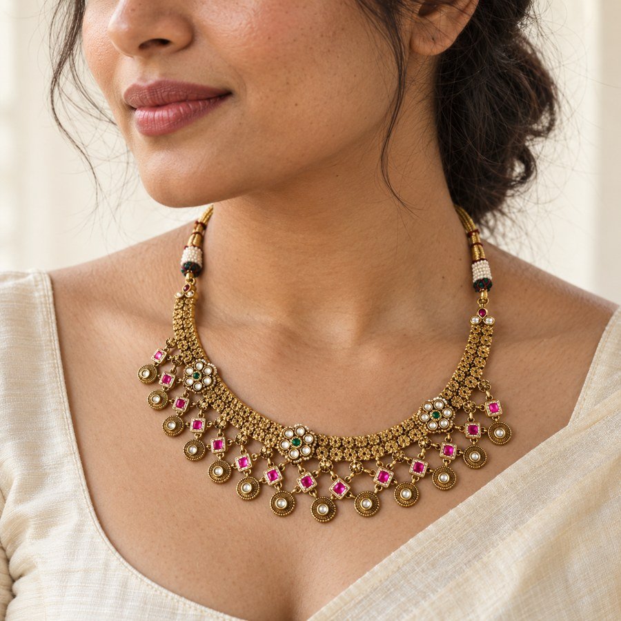AI-generated model styling necklace jewellery